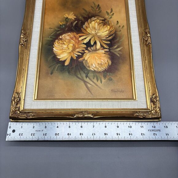 Vintage Floral Oil Painting Chrysanthemums Still Life Framed Canvas 9x12 Signed - Picture 9 of 10